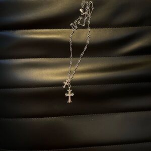 Double Cross Pendant Necklace - Silver Tone